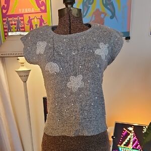 Vintage 1980s Heidi Cap Sleeve Knit Sweater Pearl Embroidery Angora Blend Size S